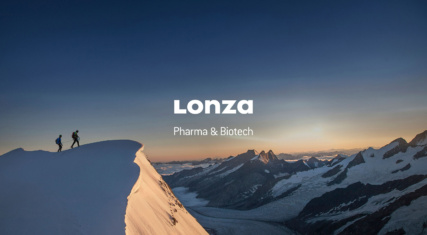 'Lonza Pharma & Biotech' displayed on a background of a snowy mountain range