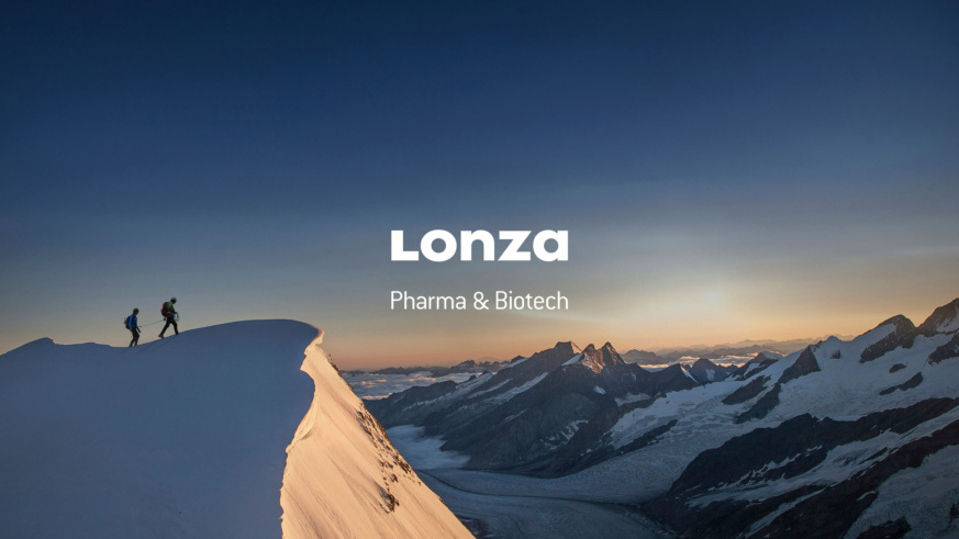 'Lonza Pharma & Biotech' displayed on a background of a snowy mountain range