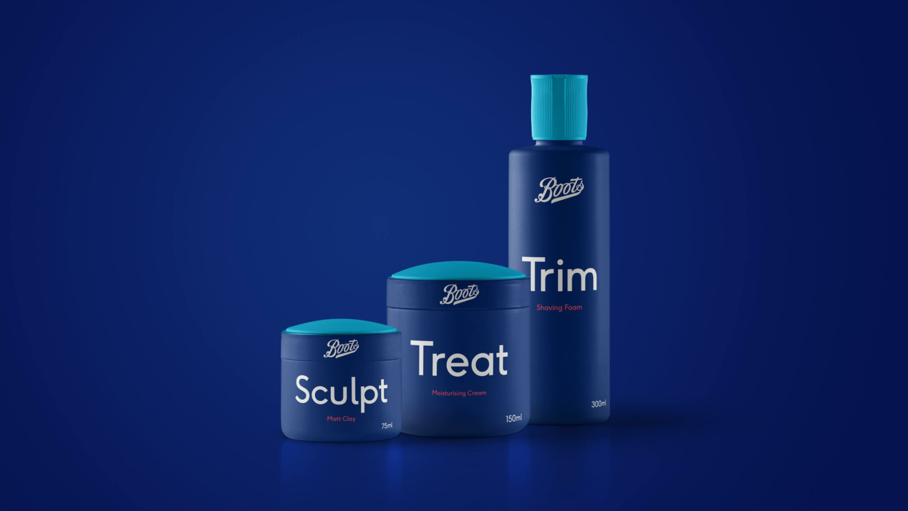 Boots - 3 mens beauty products on a royal blue background, it contains mens clay, moisturiser and shaving foam.