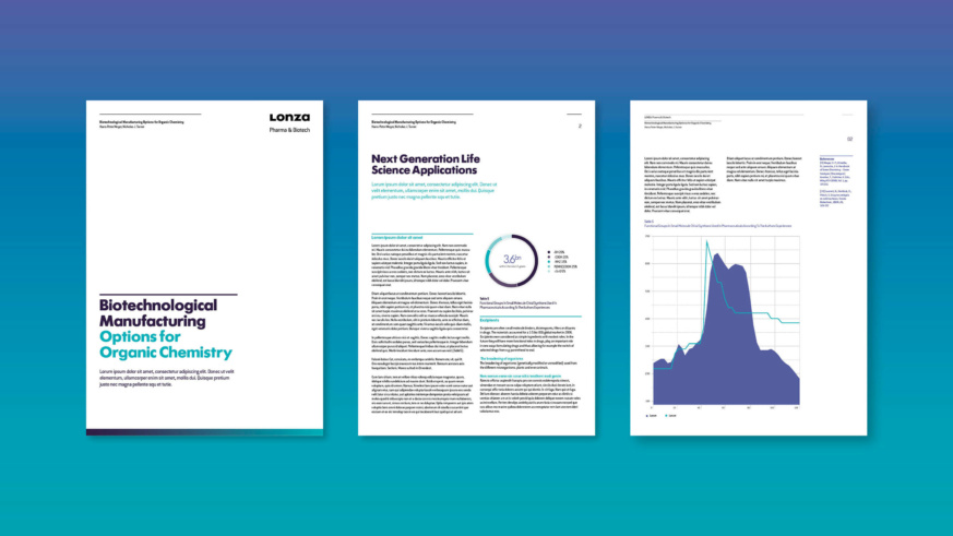 Lonza - business documents containing a donut chart and a line chart. This document contains a lot of writing and looks like it's formatting like a research document