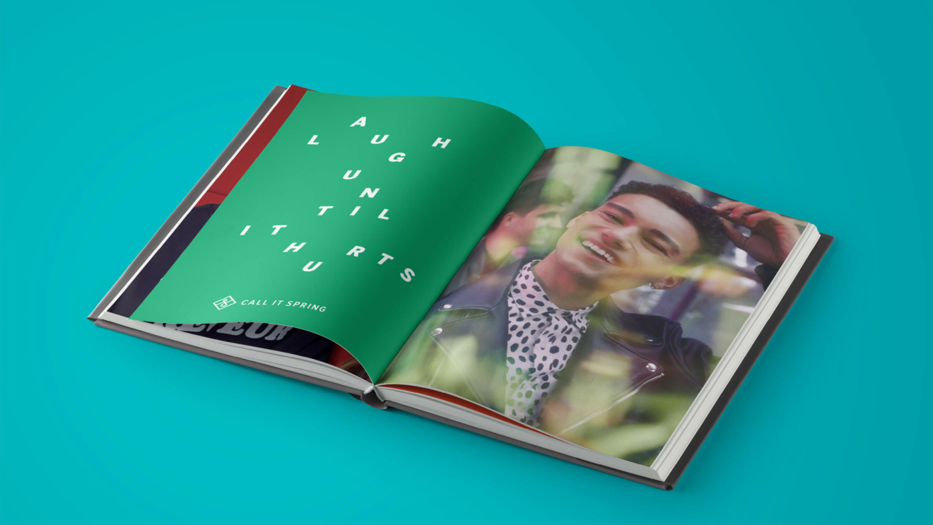 Call it spring - a booklet containing 'Laugh until it hurts' on one page and a man in a leather jacket a polkadot shirt messing with his hair in another.