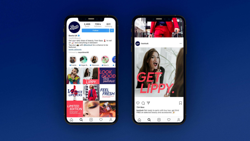 Boots Instagram account displayed on 2 smartphones, one contains an overview of there Instagram account, another contains a 'Get Lippy' advertising campaign