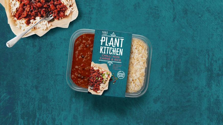 M&S Plant Kitchen - Chilli Non Carne & Rice microwave meal package with a finished cooked version in the top left corner.