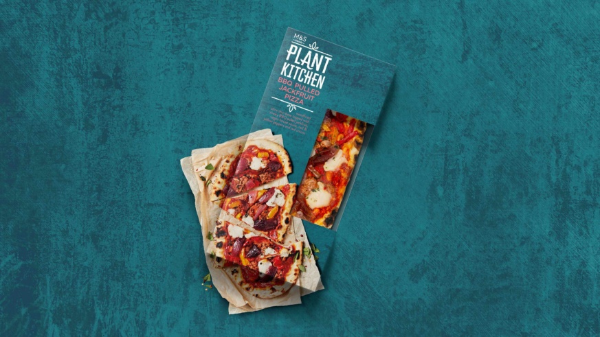 M&S Plant Kitchen - BBQ Pulled jackfruit pizza packaging on top of the actual product.