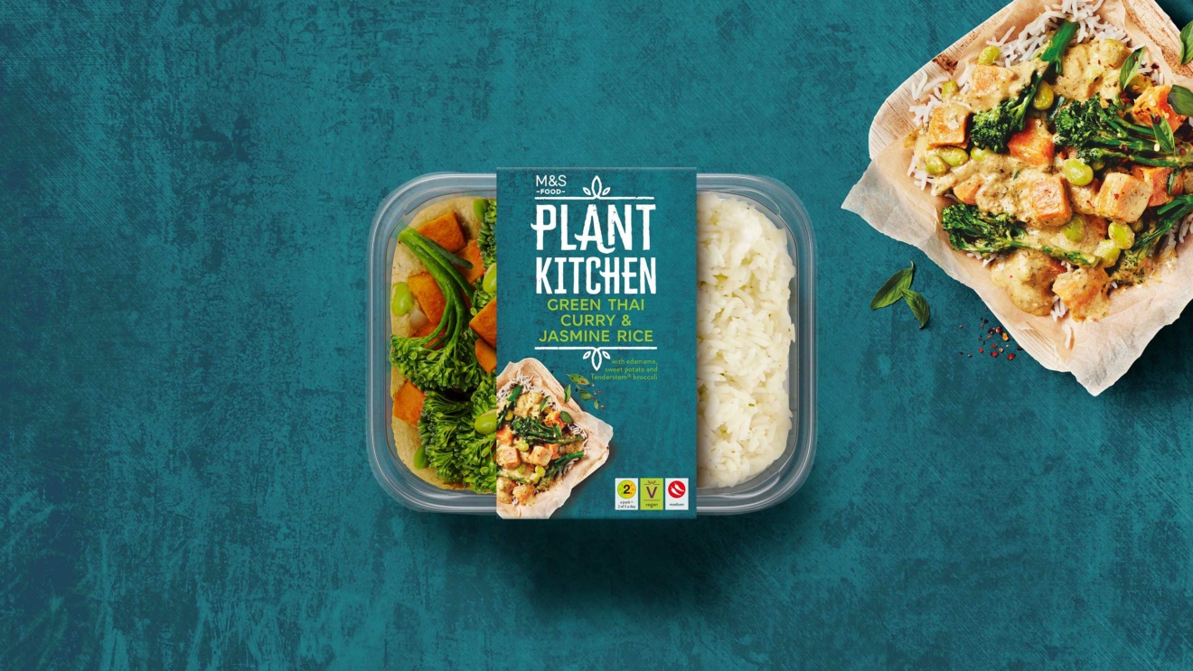 M&S Plant Kitchen - A Green Thai curry & jasmine rice microwave meal with the finished results displayed next to the packaging