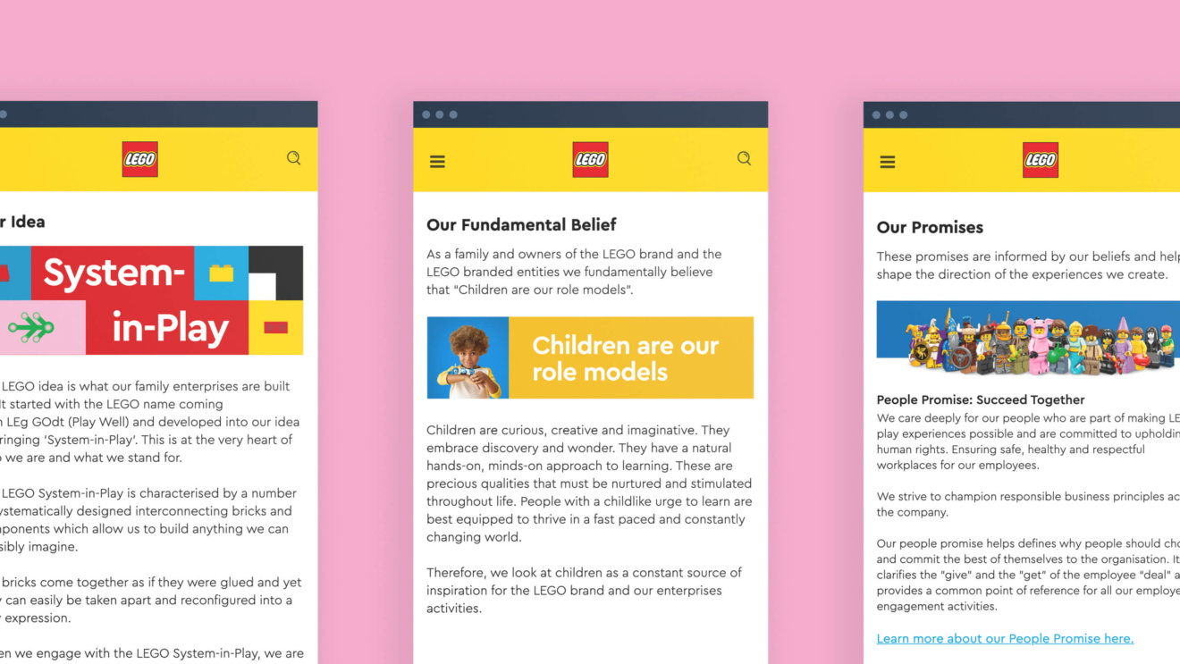 3 Mobile websites displayed on a pink background, the screens display: 1. the 'Our idea' section, the 'Our fundamental belief' section and the 'Our promises' section