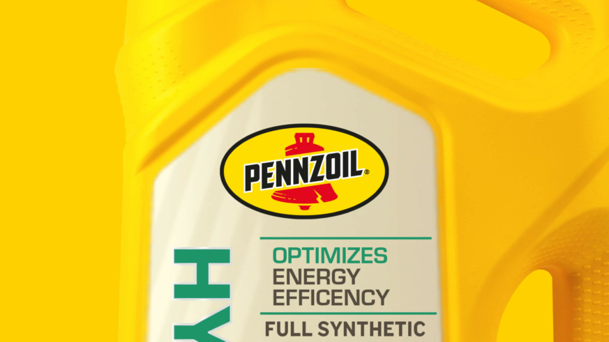 Pennzoil oil canister zoomed in to highlight the pennzoil logo.