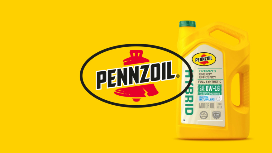 Pennzoil - Yellow synthetic motor oil canister displayed beneath the pennzoil logo on a yellow background.
