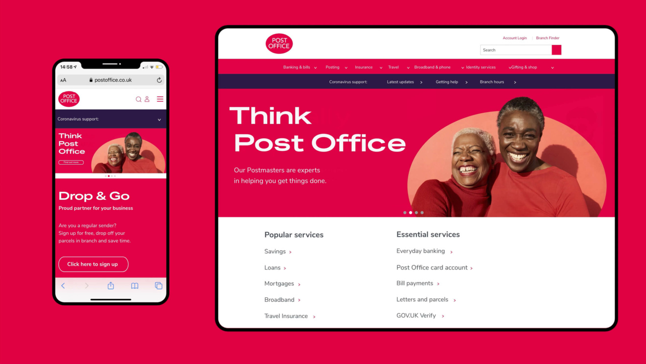 The postoffice - mobile website displayed on a smartphone and the desktop website being displayed on a computer monitor.