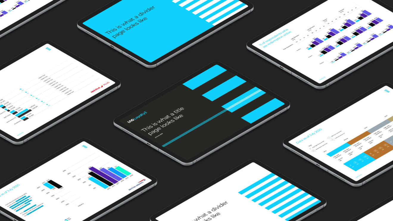 Tablets laid out on a black background with an assortment of tables, charts and powerpoint slides on them