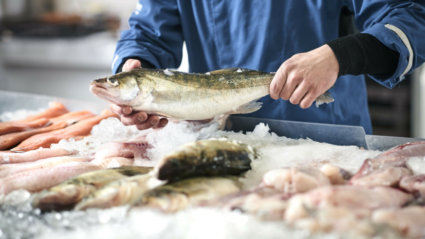 "Fresh fish displayed on ice at a market, with a person holding a whole fish."