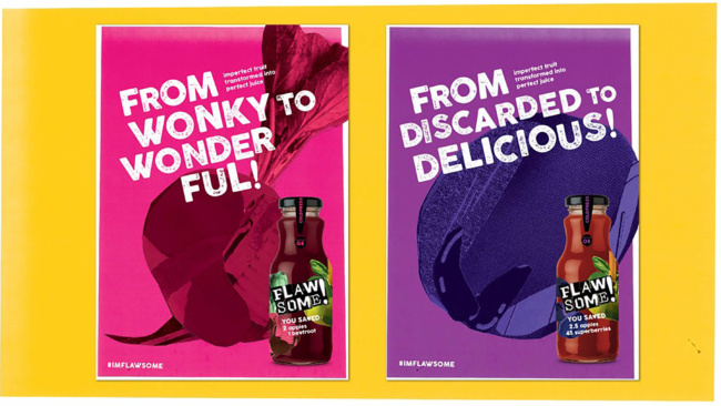 Flawsome - 2 posters placed on a yellow background. Both show a bottle of juice with a slogan, the first says 'From wonky to wonderful', the second says 'From discarded to delicious'