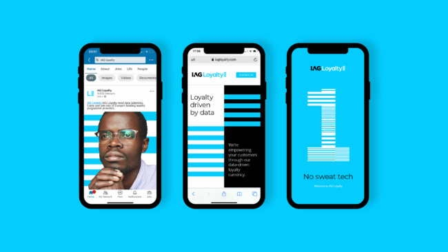 IAG - 3 smartphones displaying different aspects of IAG's branding. One contains there LinkedIn account with an employement post highlighted. One is there websites home page and the final is what looks like a splash-screen for a mobile app.