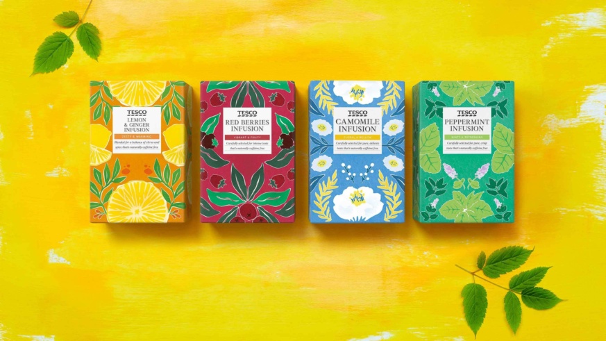 Tesco - an assortment of different tea placed on a yellow background