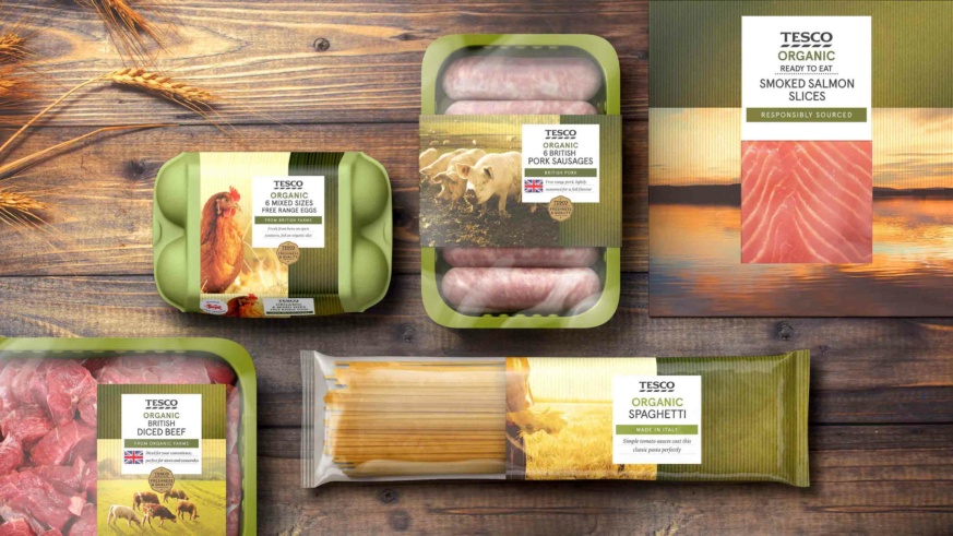 Tesco finest - organic products spread out on wood