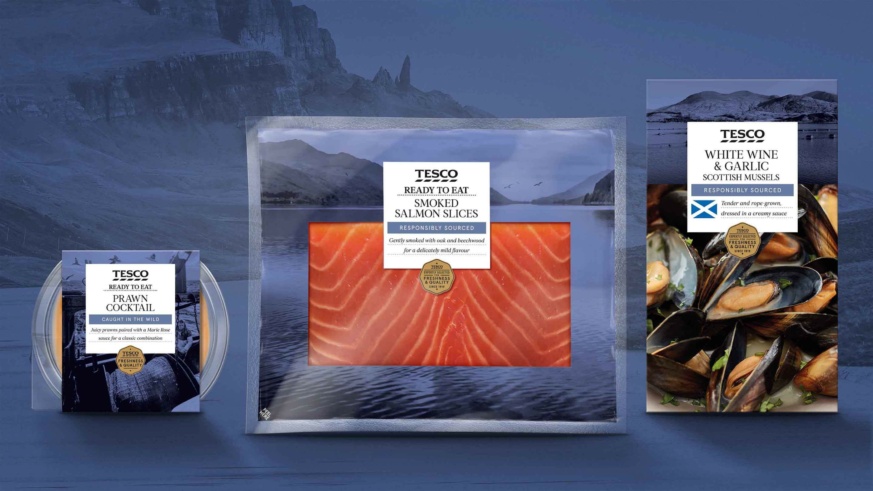 "Tesco seafood products featuring prawn cocktail, smoked salmon slices, and Scottish mussels, with scenic backgrounds."