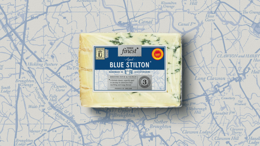 "Tesco Finest Aged Blue Stilton cheese package with a map of Leicestershire in the background."
