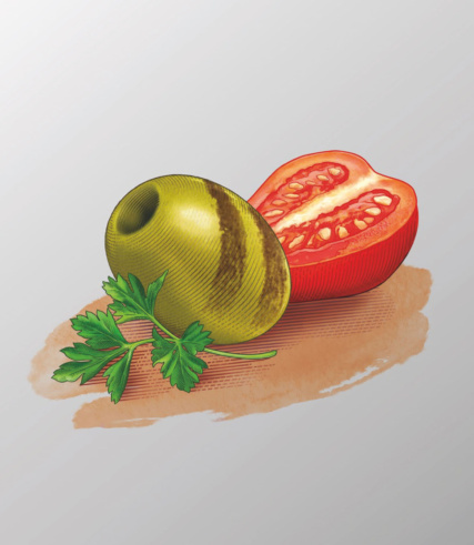 "Illustration of a green olive, a halved red tomato, and a sprig of parsley on a textured surface."
