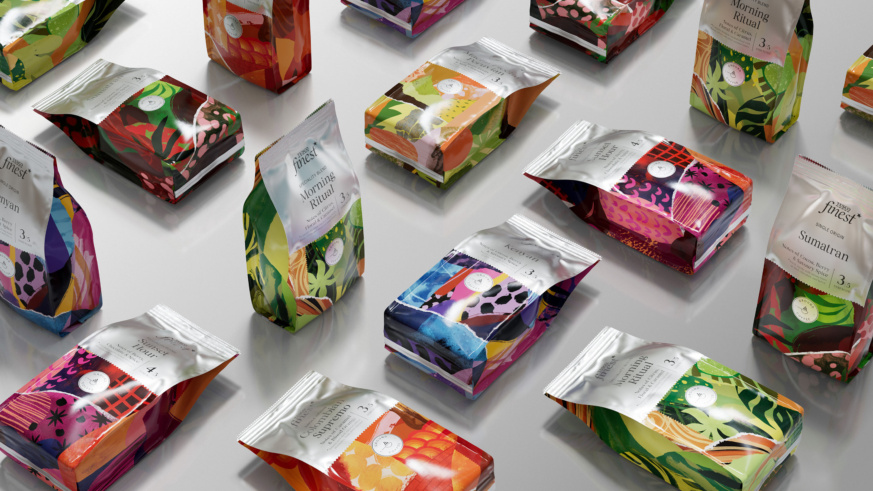 "An assortment of colorful Tesco Finest coffee packages with different blends and origins."
