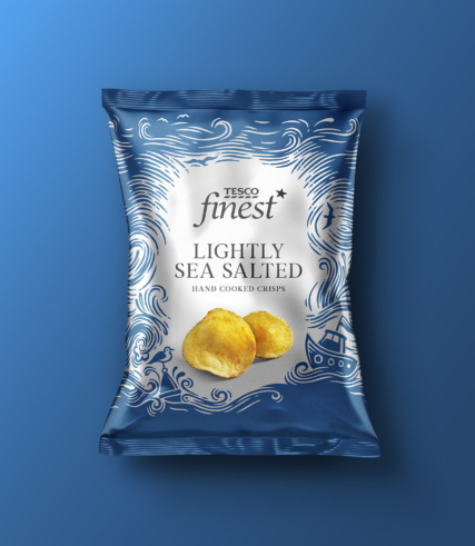 "Tesco Finest Lightly Sea Salted hand-cooked crisps packet with nautical-themed background design."