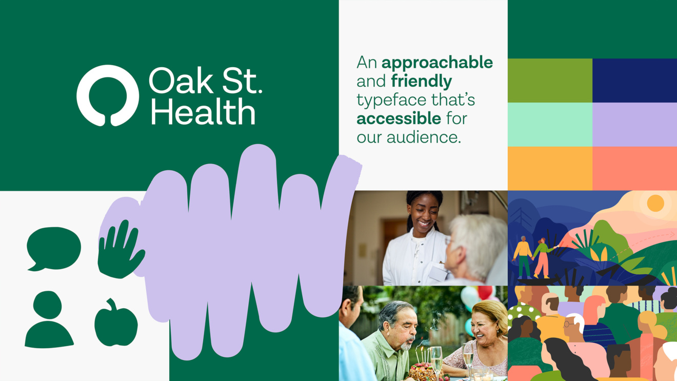"Oak St. Health branding elements: Logo, color palette, typography, photography and illustration styles"
