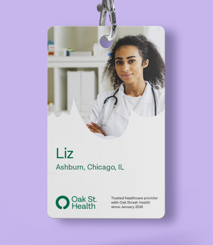 ""Oak St. Health employee ID badge mack-up."