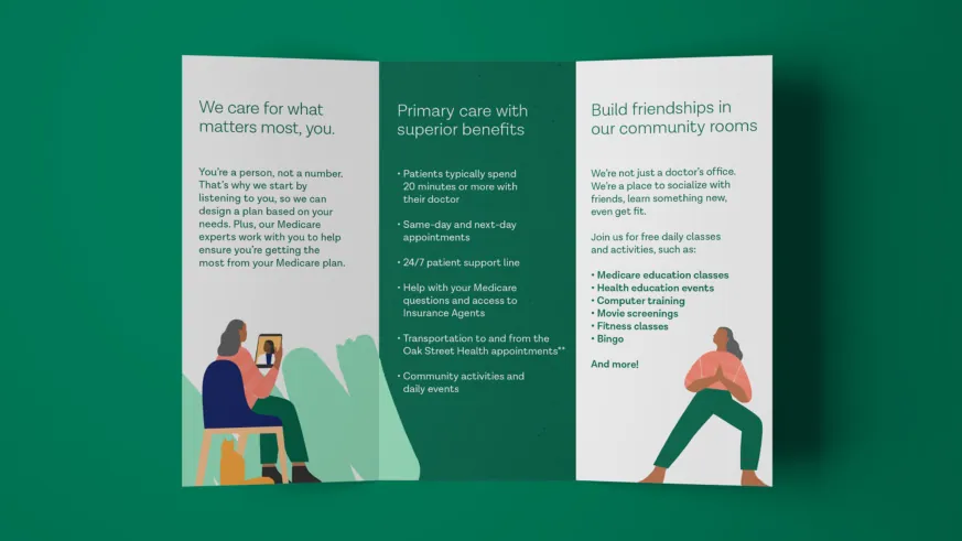 ""Oak St. Health brochure showcaseing the new typography and illustration style on a green background."