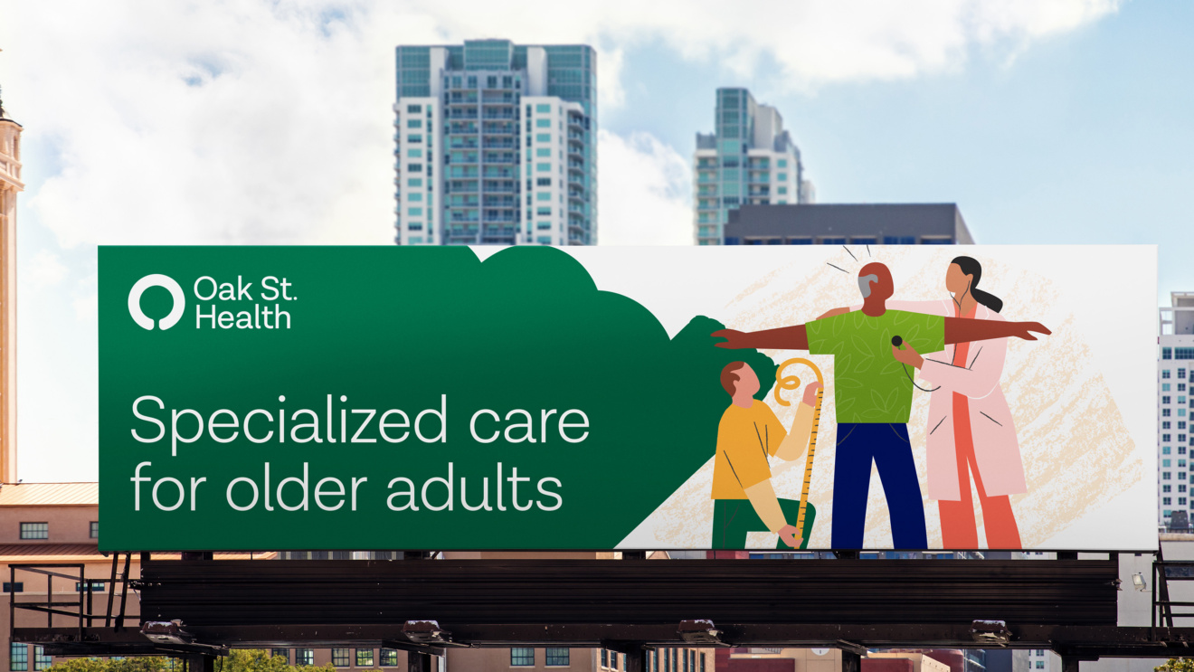 "Oak St. Health billboard advertisment in a city enviroment."