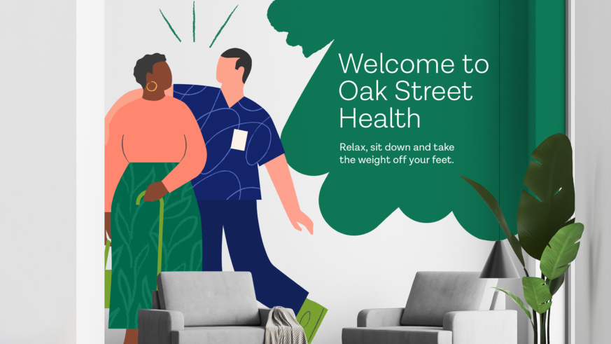 "Oak St. Health clinic waiting area with mural:"
