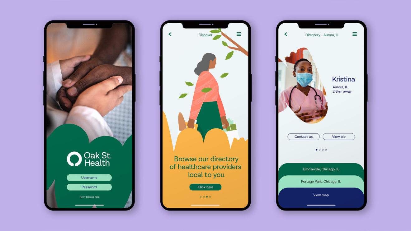 "Oak St. Health mobile app screenshots: Login, healthcare provider directory, and a provider profile."
