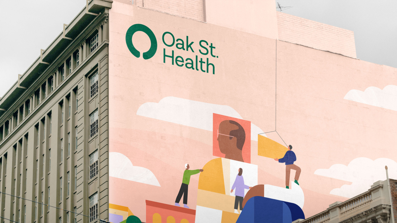 "Large building mural advertisement for Oak St. Health. Abstract design with figures interacting."