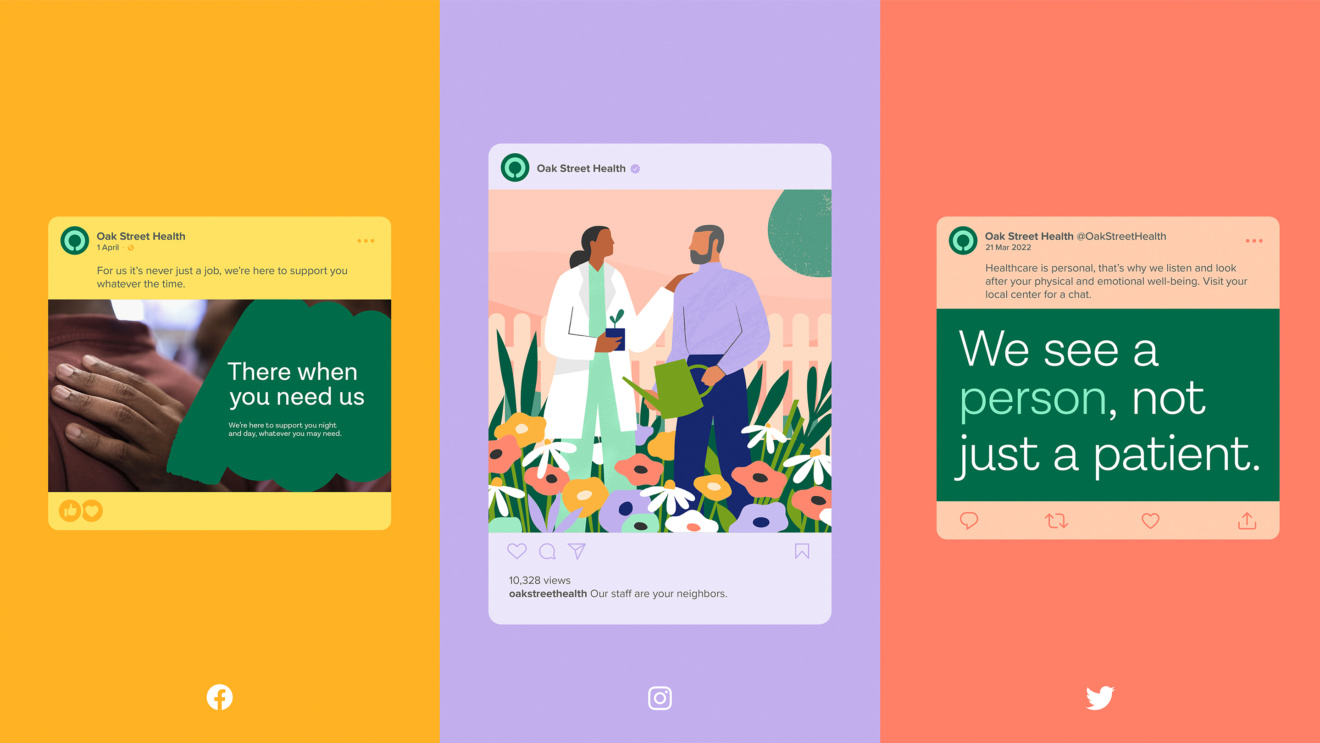 "Oak St. Health social media graphics. on multi coloured background."