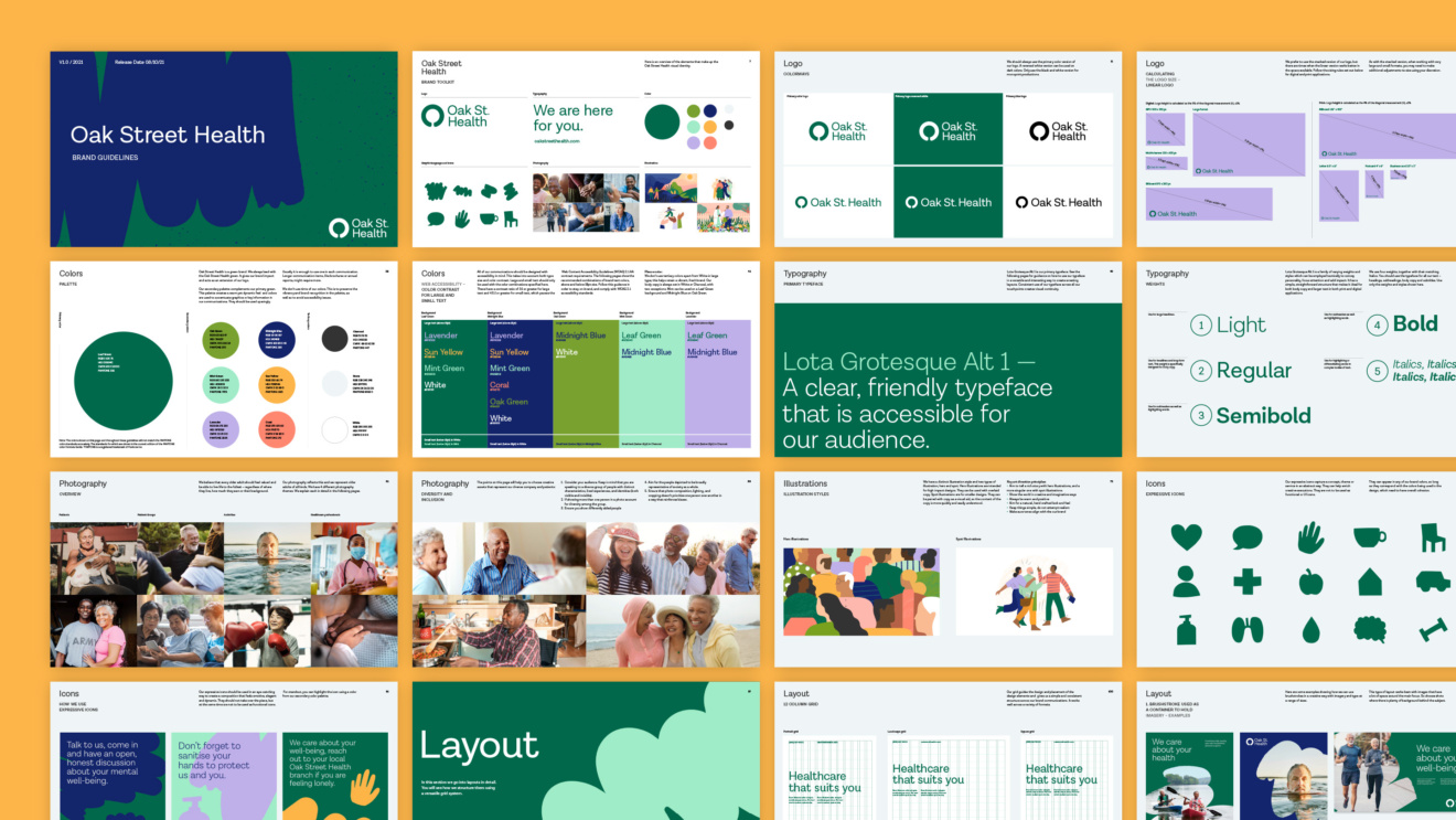 "Oak St. Health brand guidelines showing logo variations, color palettes, typography, photography, illustrations, and layout examples.