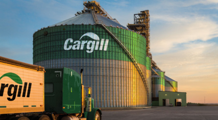 "A Cargill branded semi-truck is parked in front of large grain silos at a Cargill facility. The silos are silver and green with the Cargill logo prominently displayed."